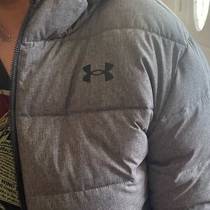 Under Armor coat… with black letters on hood
